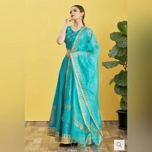 Blue Printed Silk Embroidery Lehenga Set